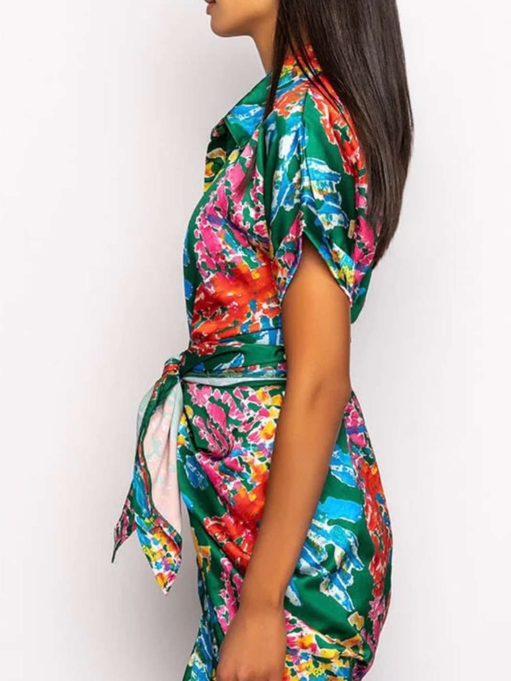 AKIRA Green Multicolor Tie-Waist Mini Shirt Dress - Picture 7 of 10